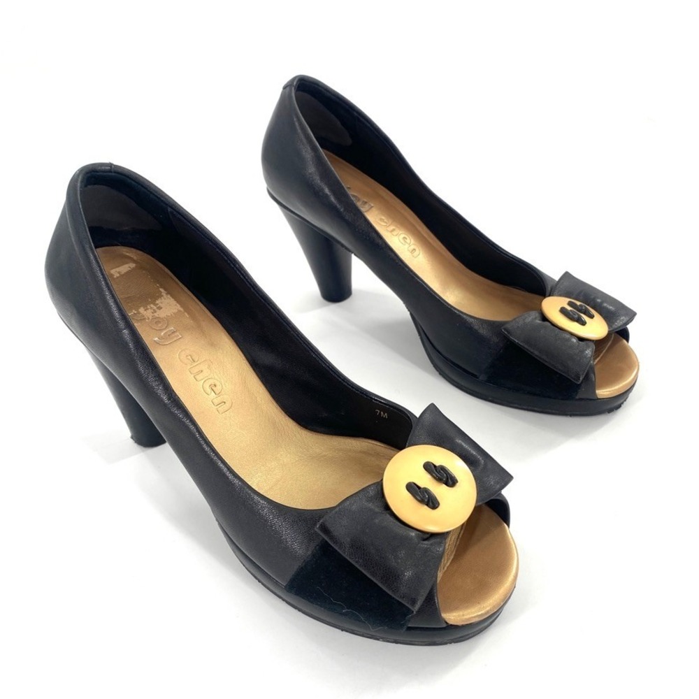 Joy Chen‎ Black Leather Peep Toe Platform Heels with Button Accent Size 7M